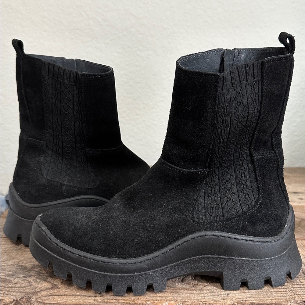 Anthropologie Farylrobin Chelsea Boots Black Suede 39 Mid-Calf Ankle Lug Combat